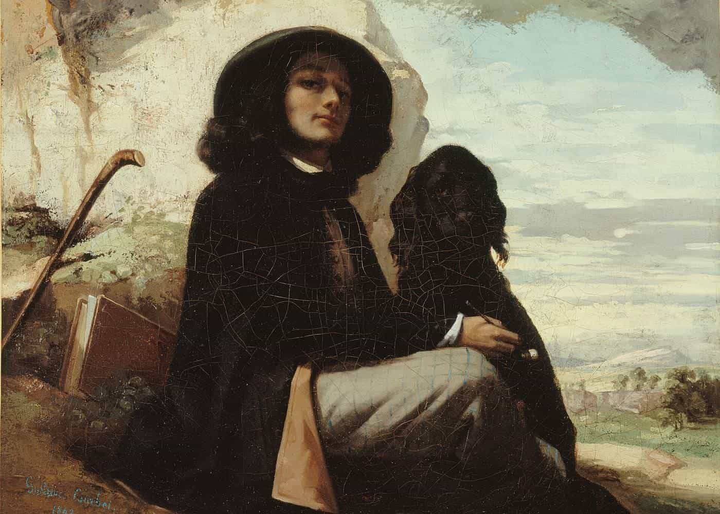A nineteenth-century self-portrait of a young man seated with a black spaniel