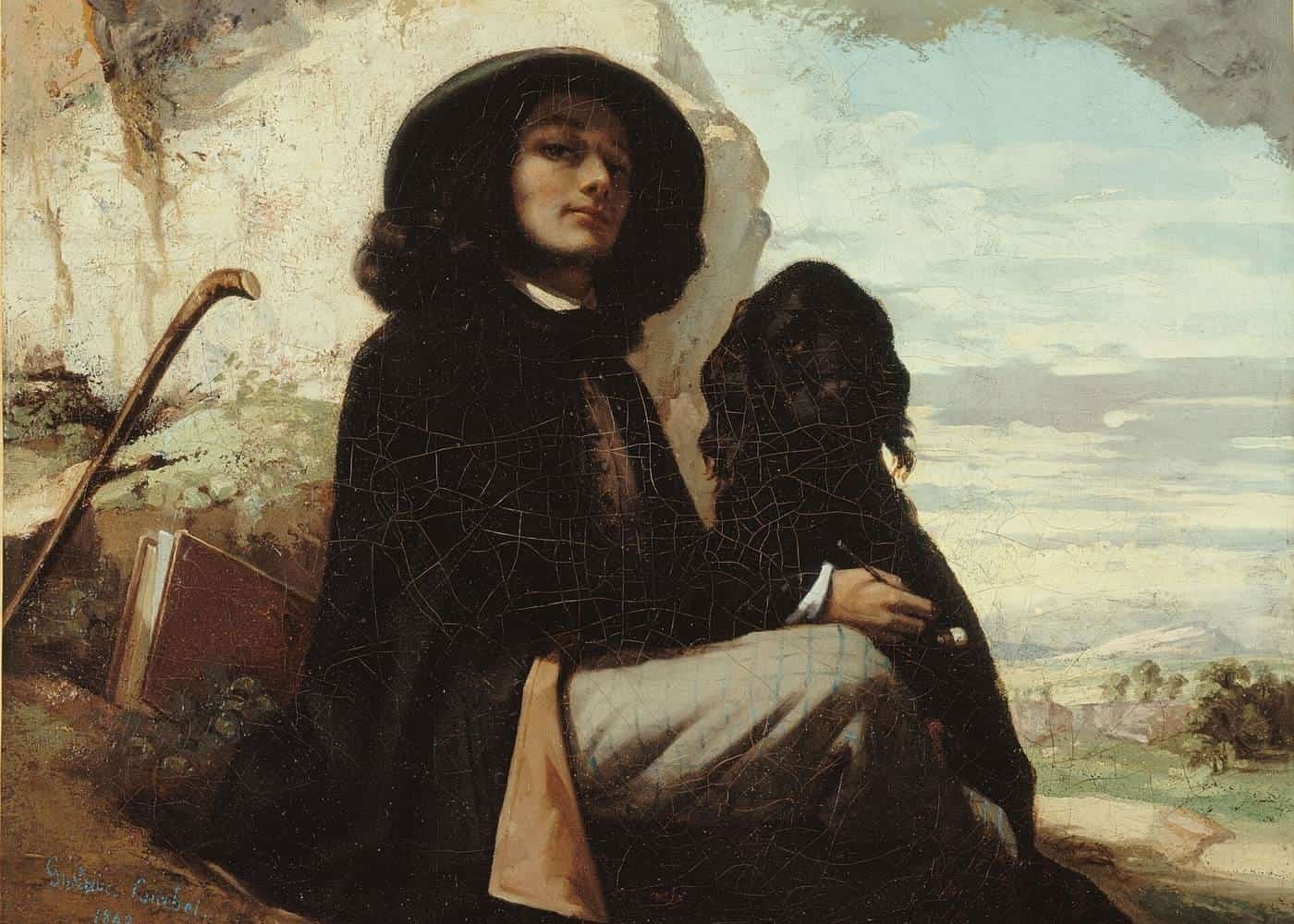 A nineteenth-century self-portrait of a young man seated with a black spaniel