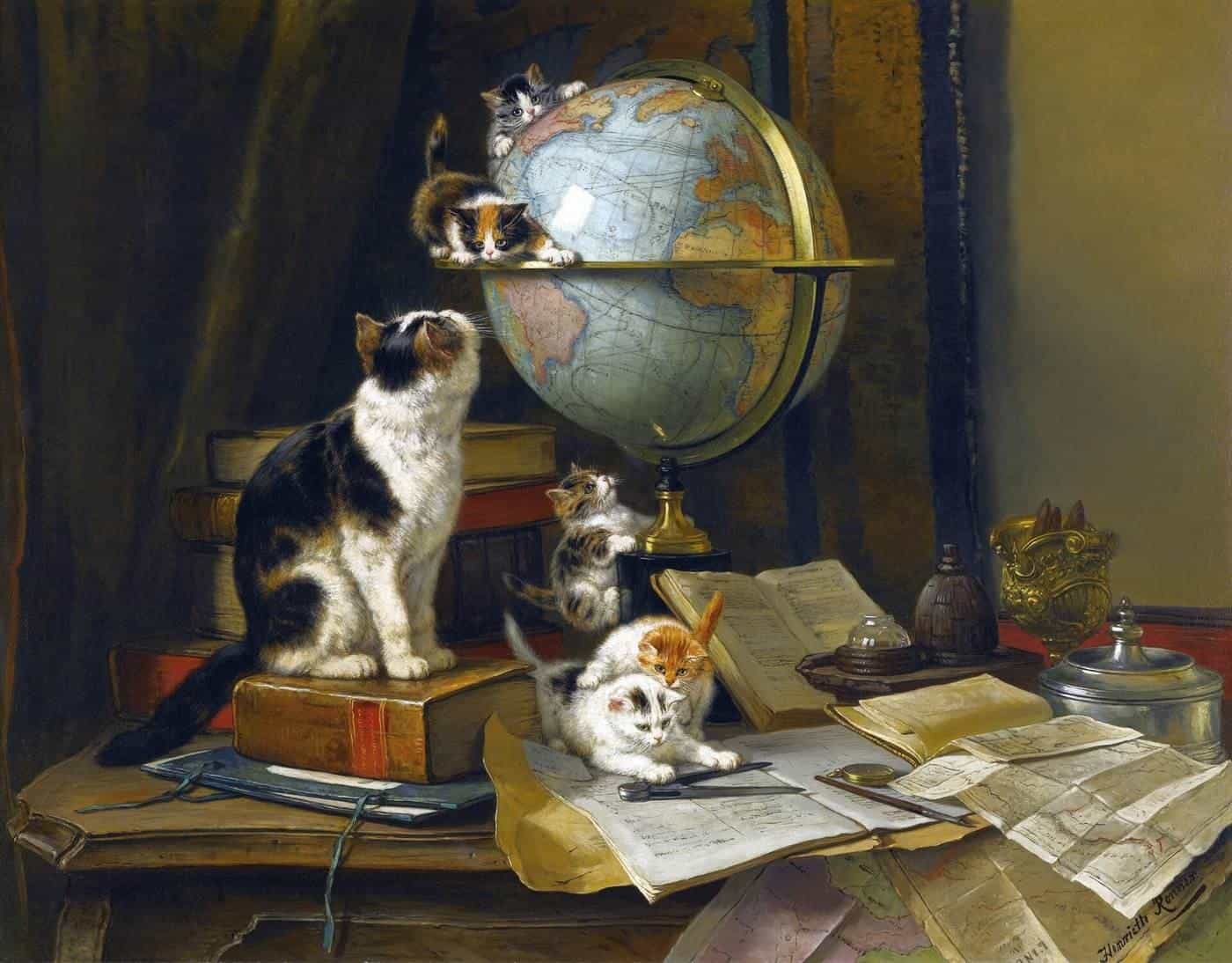 A painting of kittens playing on a desk with a globe and papers