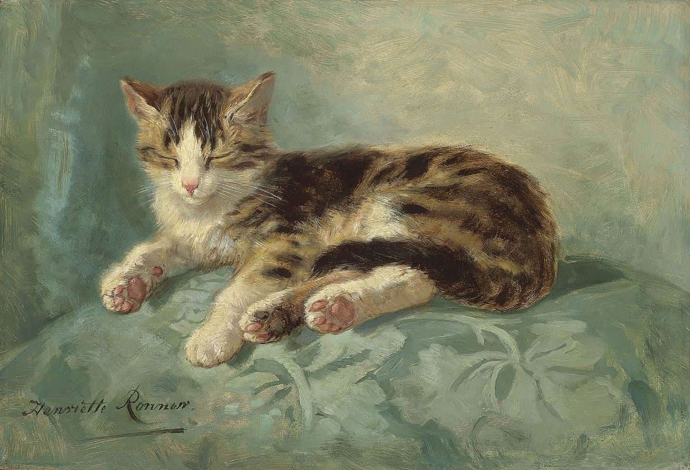 A painting of a tabby cat napping on a green cushion